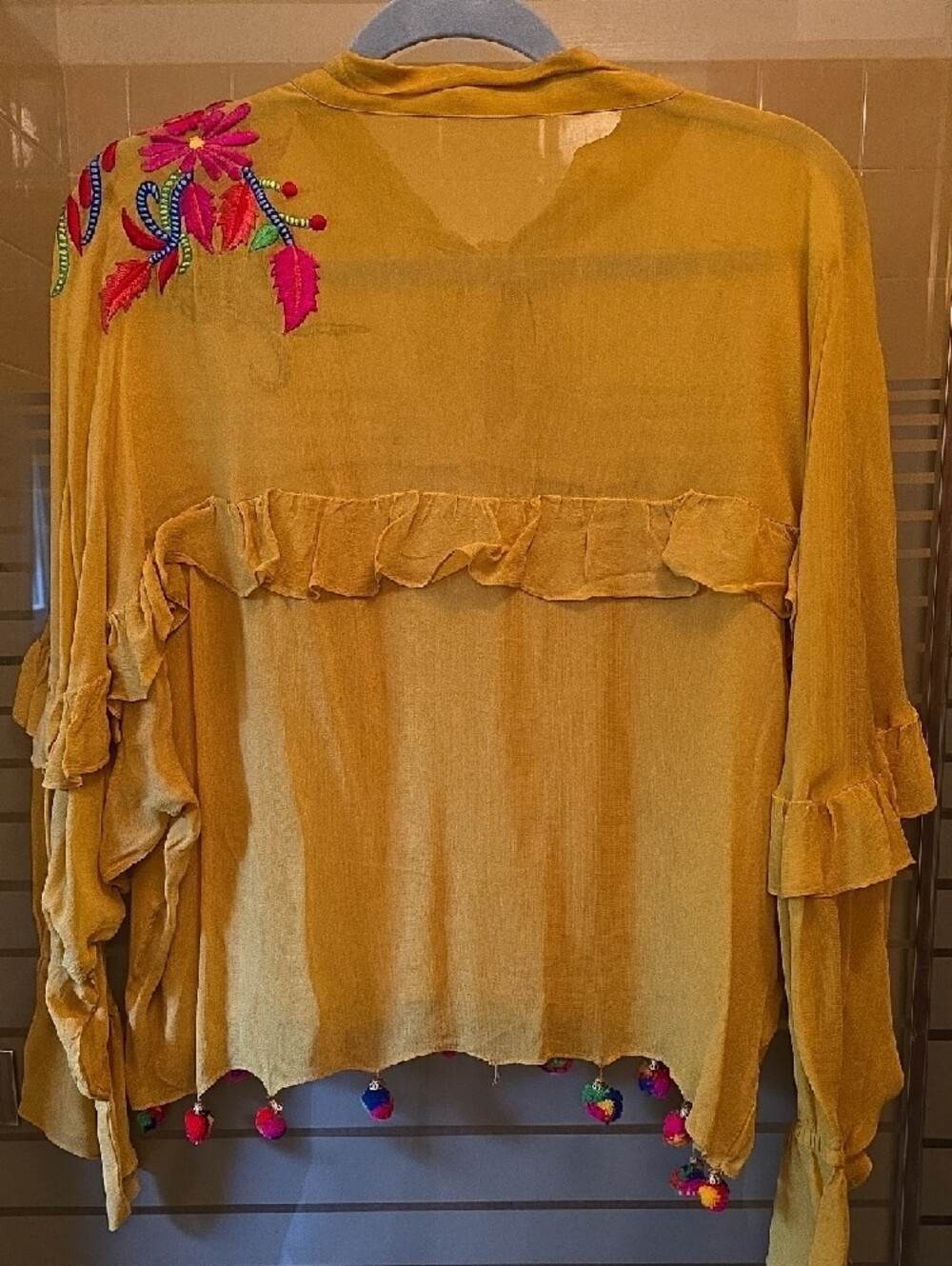 Embroidered Mustard Tie-Neck Ruffle Blouse - Picture 2 of 8